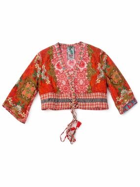 Johnny Was Patchwork Cropped Jacket Tie Front Boho Upcycled XS